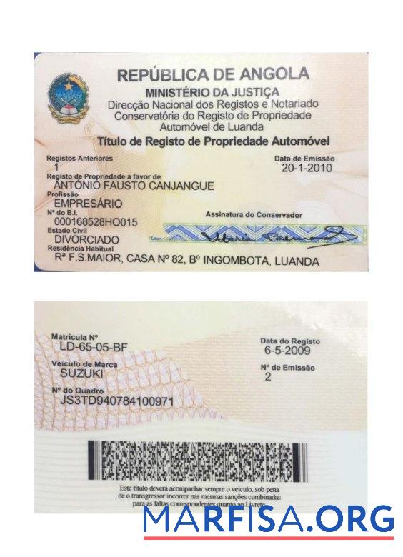 Printable Angola vehicle registration card version 2 download for verification